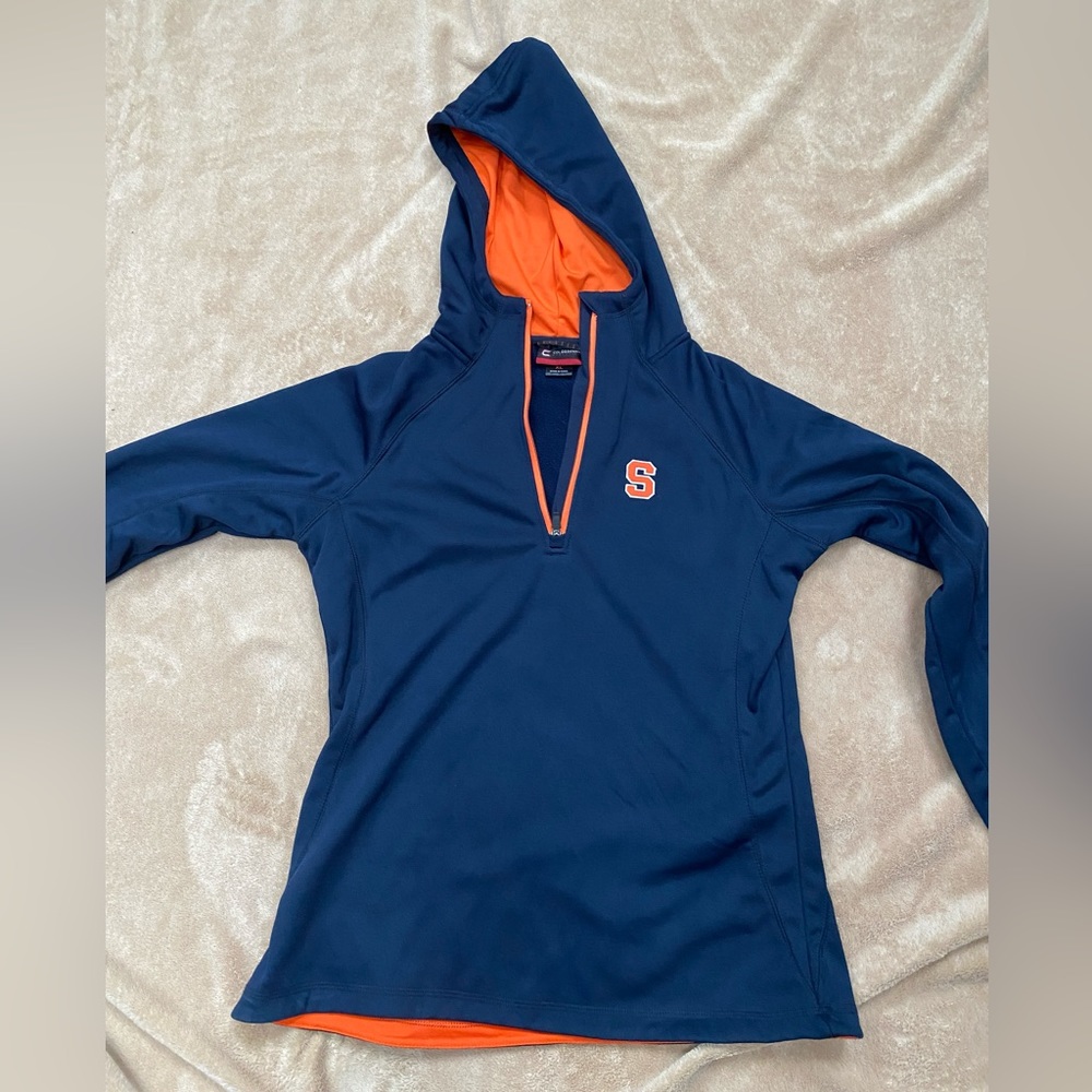 Women's Syracuse Coliseum XL pullover. Blue and Orange, with hood.